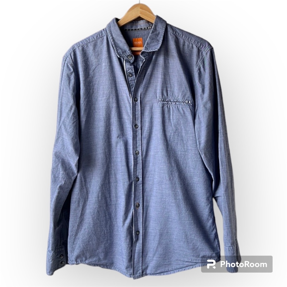 HUGO BOSS Blue Grey Cotton Button Down Shirt Size Large